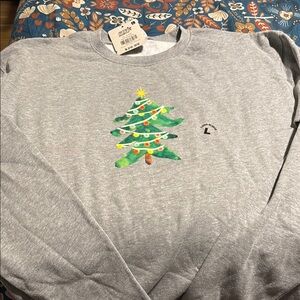 Festive Gray and Green Crewneck Sweater with Christmas Tree